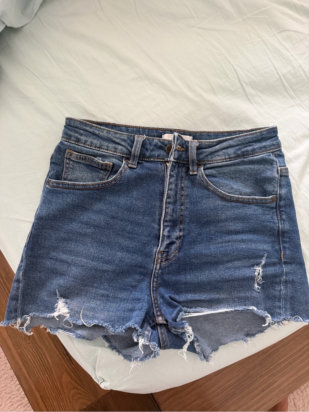 Distressed High-Rise Denim Shorts - Blue